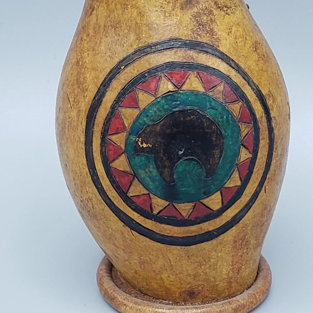 Hand Painted Southwestern Gourd‎ Vase Art Decor Zuni Bear Motif Folk Art